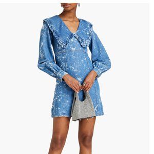 GANNI Ruffle-trimmed bleached denim mini dress - Size 38 (S/M)